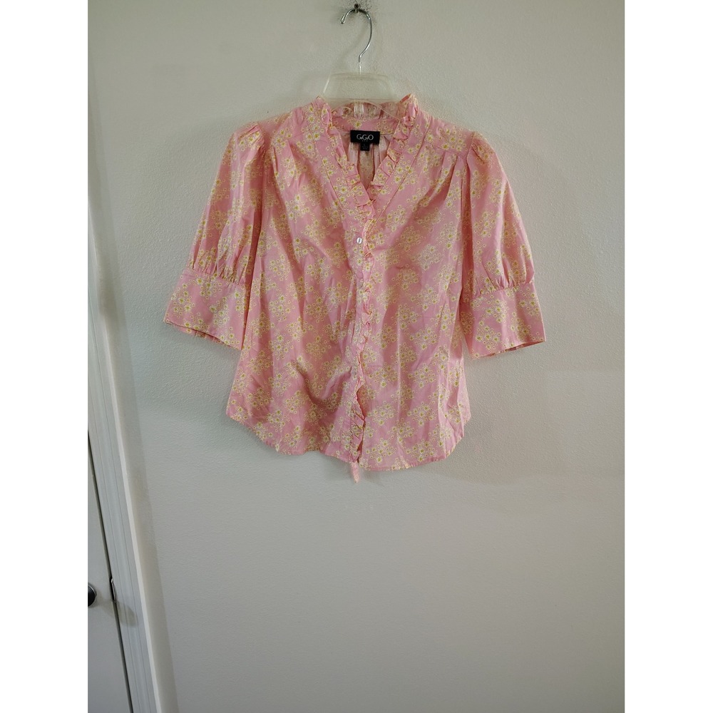 GiGio USA Pink Floral Ruffle V-Neck Puff Sleeve Tie Back Blouse Womens Large